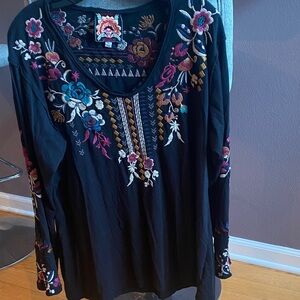 Johnny Was Black Blouse with Multicolor Embroidery